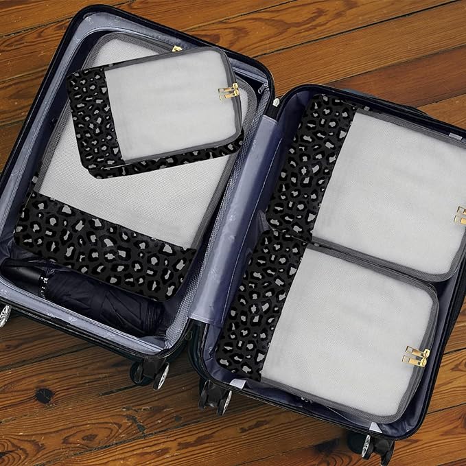 4 Set Packing Cubes Travel Luggage Organizers for Suitcase Travel Accessories for Women Girls Aesthetic Cute-Black Leopard Cheetah Pattern