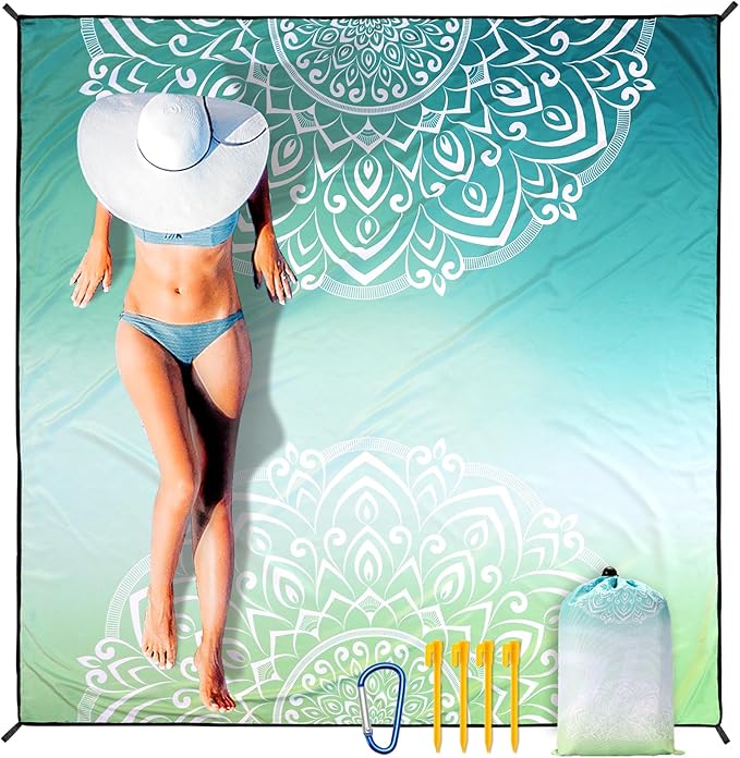 Beach Blanket Sandproof Extra Large Beach Mat Adults Waterproof Quick Drying Sand Free Mat Made by Premium Polyester with 4 Stakes & 4 Corner Pockets for Outdoor Travel Camping Hiking