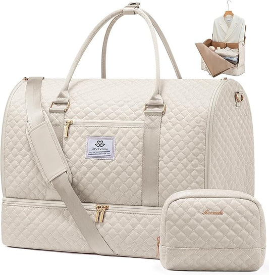 LOVEVOOK Convertible Garment Bag for Travel with Shoe Pouch, Carry On Garment Duffel Bag with Toiletry Bag, 2 in 1 Hanging Suitcase Suit Bag, Waterproof Weekender Bag for Women Travel, Wedding, Beige