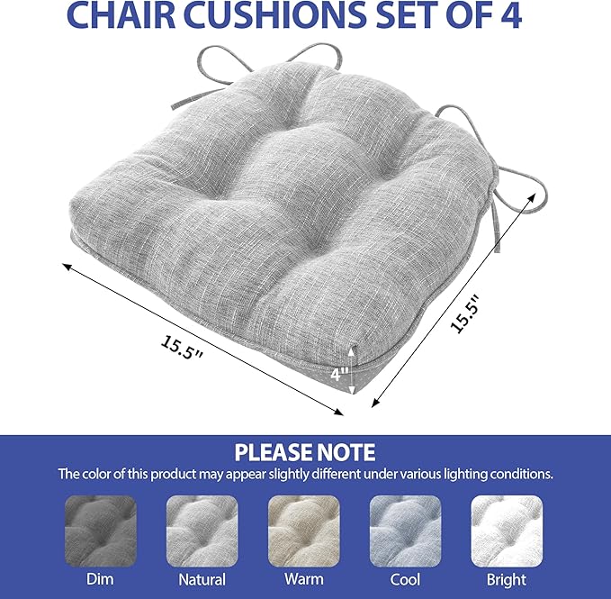 Chair Cushions for Dining Chairs Set of 4, Kitchen Chair Cushions, Chair Pads with Ties and Non Slip Backing, Tufted Memory Foam Seat Cushion 4 Pack, 15.5" x 15.5" x 4", Light Gray