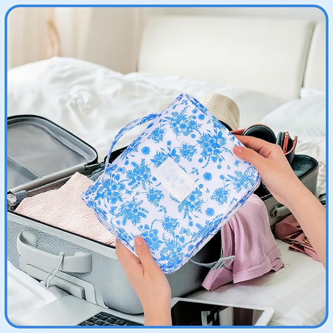 Pengxiaomei Hanging Toiletry Bag, Blue Vintage Floral Waterproof Cosmetic Bag Portable Makeup Pouch Travel Wash Bag with Handle for Kids Teen Girls Camping Tea Party Mothers Day Gifts