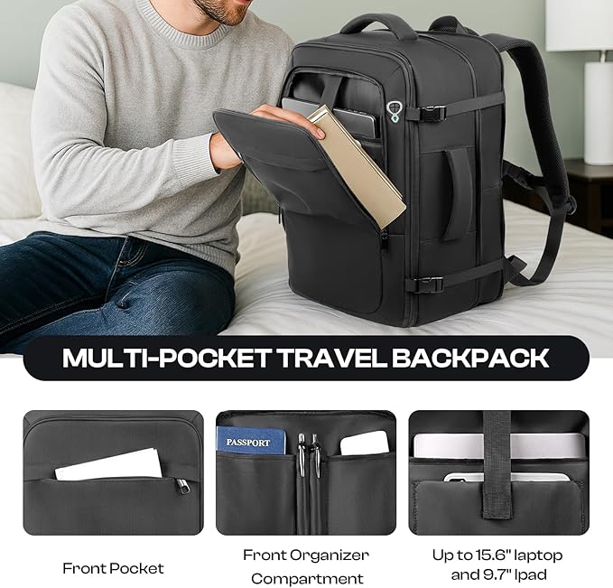 Carry on Backpack for 1-10 Days Trips, Extra Large 40L-50L Travel Backpack TSA Approved, Expandable Laptop Bagpack, Water Resistant Bag Compatible with 17.3 inch Laptops, Black