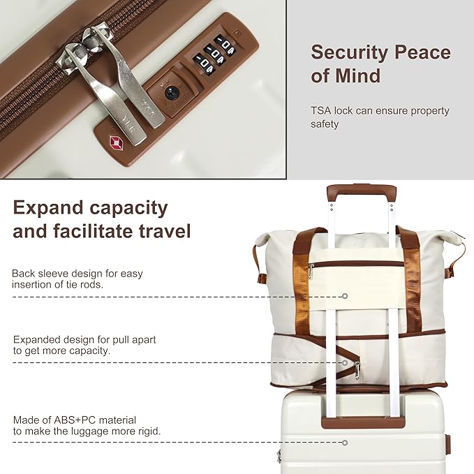 3-Piece 20 Inch Carry On Luggage Set, Durable Hardshell Spinner Wheel Suitcase with TSA Lock, Lightweight PC+ABS for Family Vacation Business Travel Airline Approved, Beige