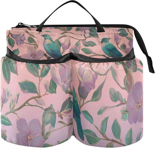 Luggage Cup Holder for Suitcases Free Hands Travel Cup Holder Portable Suitcase Cup Drink Holder Luggage Cup Caddy Bag Carrier Vintage Birds and Pink Flowers