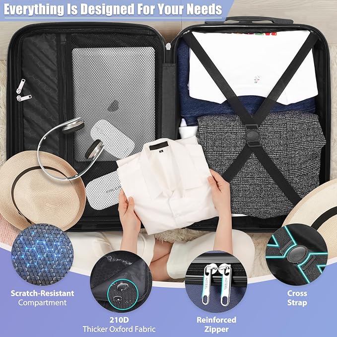 Hoteel Luggage Sets 3 Piece ABS+PC Hardside, 4-Year Warranty, Luggage Set with Dual-Spinner Wheels, TSA Lock, Lightweight Carry on Luggage, 20" Suitcase with Duffel & Organizer, Dark Blue