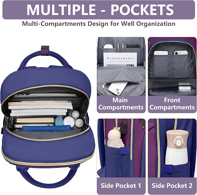 Laptop Backpack for Women Work Bag - 15.6 inch Travel Backpack Purse with USB Charger College Bookbag Waterproof Cute Casual Daypack Fashion Business Computer Backpacks for Teacher Nurse Purple Blue