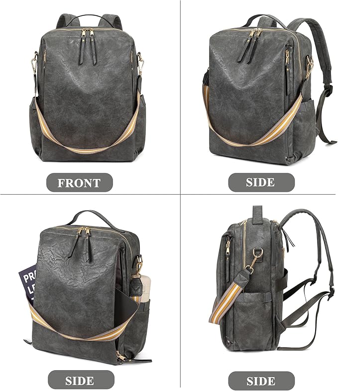 myfriday PU Leather Large Backpack Purse for Women Casual Travel Backpack Convertible Satchel Handbags With Luggage Strap (Grey)