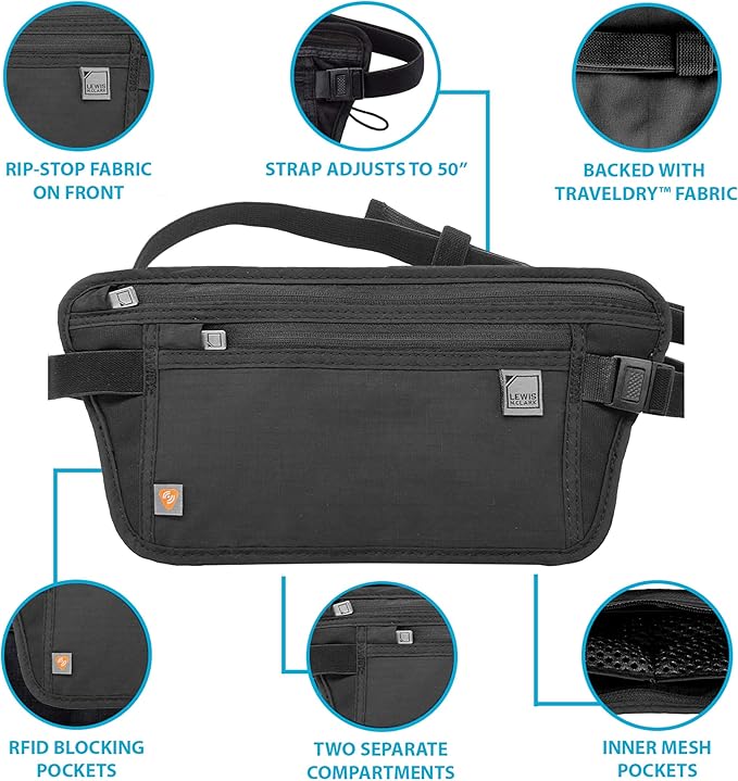 Lewis N. Clark Travel Money Belt Pouch, Slim RFID Blocking Anti Theft Waist Stash Pouches for Cash, Cards and Passport Holder