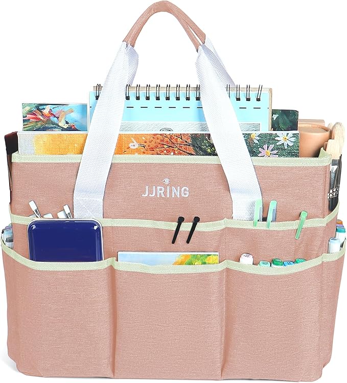 JJRING Craft Organizer Tote Bag, Large Art Storage Caddy with Multiple Pockets, Beige Sewing Bag for Art, Craft, Scrapbooking, School, Medical, and Office Supplies Storage
