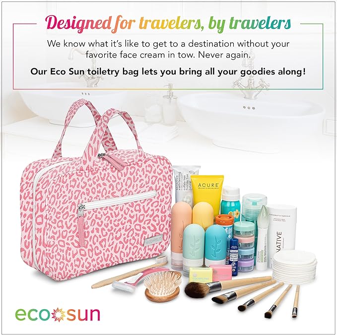 Eco Sun Hanging Travel Toiletry Bag — Designed in Hawaii — Water-resistant Travel Organizer for Bathroom Accessories (Pink Leopard)