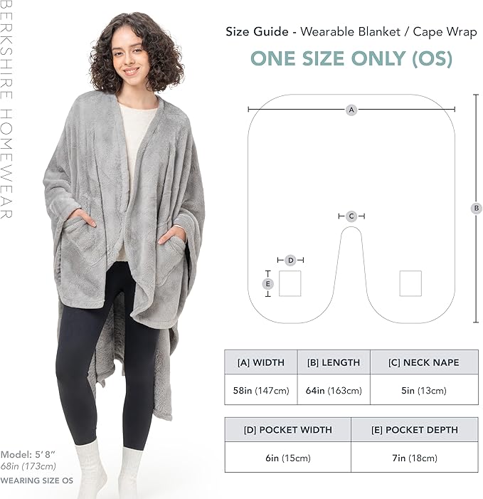 Berkshire Blanket Primalush™ Wearable Blanket, Cozy Loungewear Pocketed Plush Cape Wrap for Adults & Teens(Pebble Gray, One Size 58"X64")