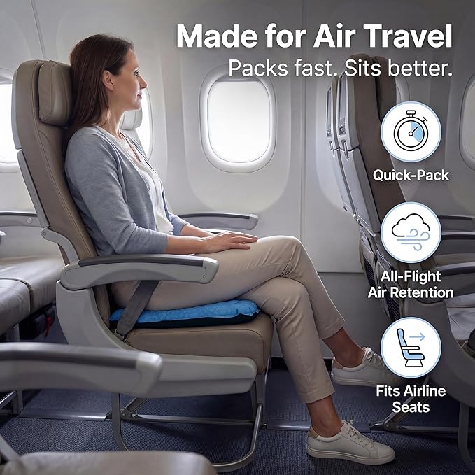 Whispering Winds Inflatable Seat Cushion - Comfortable Blow-up Foam Pad for Airplane, Travel, Stadium, Outdoors, Camping, Car & More