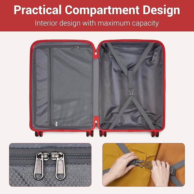 Kono Carry On Luggage 28 Inch Checked-Large Hard Shell Travel Trolley 4 Spinner Wheels Lightweight Polypropylene Suitcase with TSA Lock, Red