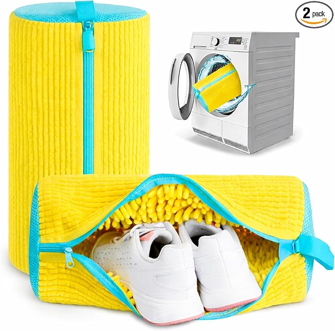 Shoe Washing Machine Bag – 2 Pack Laundry Shoe Bag for Washer and Dryer, Reusable Sneaker Washing Bag, 360° Deep Clean, Self-Locking Zipper, Fits All Shoe Types – Yellow