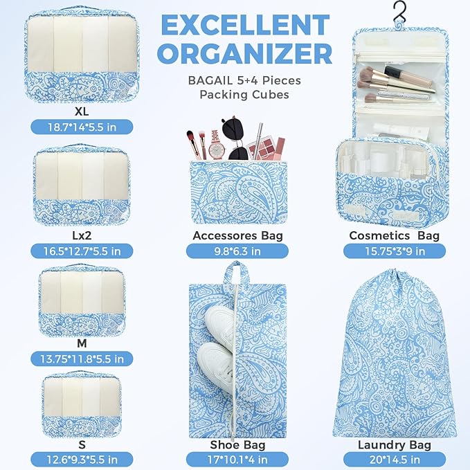 BAGAIL 9 Set Packing Cubes with Packing List Luggage Packing Organizers for Travel Accessories