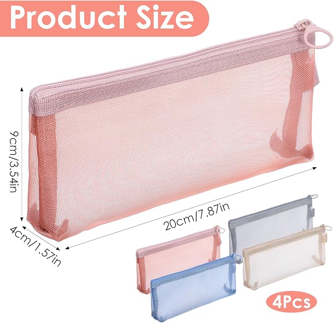 4 PCS Mesh Makeup Brush Bag, 4 Colors Small Makeup Pouch Portable Nylon Mesh Zipper Pouch Bags Multifunctional Clear Bags Stationery Storage Bag for Travel Office Home Accessories