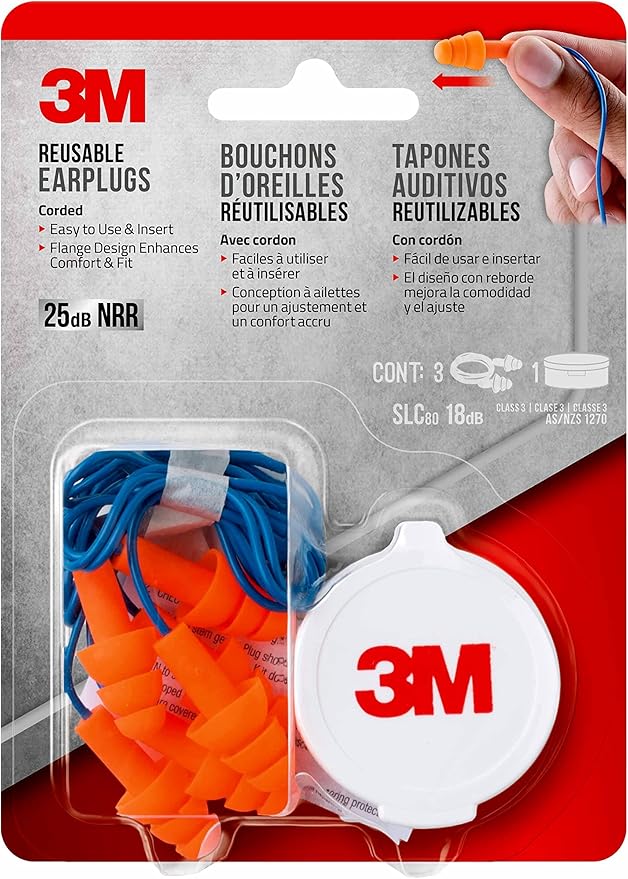 3M Corded Reusable Earplugs,Noise Reduction Rating (NRR) 25 dB,Easy to Use & Insert,Pliable & Tri-Flange Design Enhances Comfort-& Fit,Orange Ear Plugs (90716H3-DC),3 Count (Pack of 10)