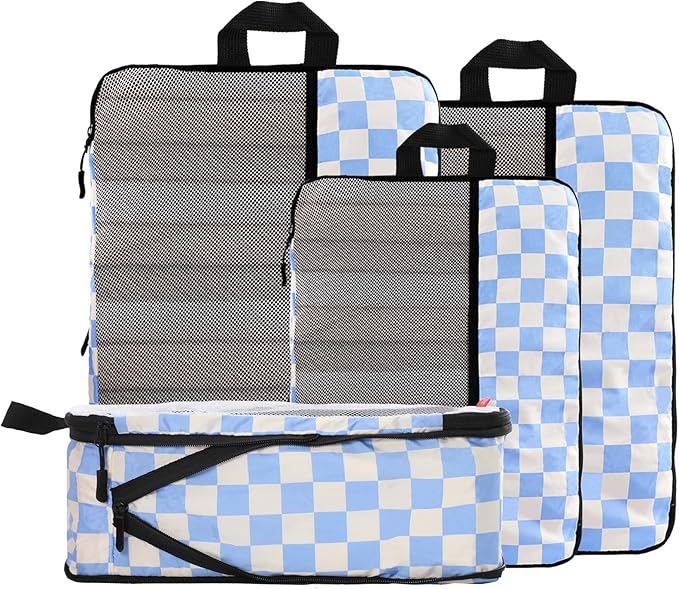 U+U 4 Set Compression Packing Cubes - Ultralight Travel Organizers, Space-Saving Suitcase Organizer, Expandable Packing Cubes for Travel, Business Trip and Family Vacation (Blue Checkered)