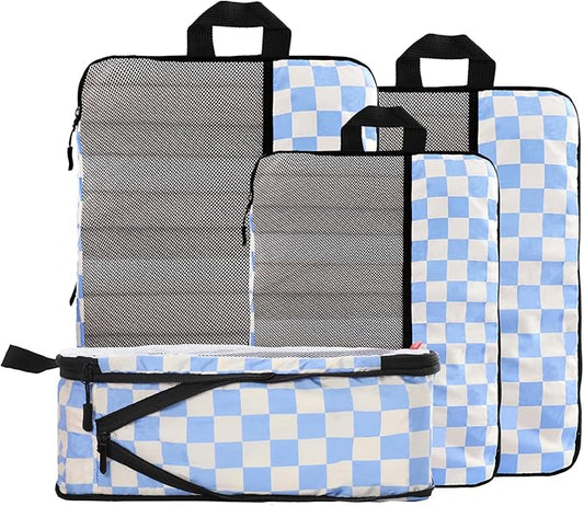 U+U 4 Set Compression Packing Cubes - Ultralight Travel Organizers, Space-Saving Suitcase Organizer, Expandable Packing Cubes for Travel, Business Trip and Family Vacation (Blue Checkered)