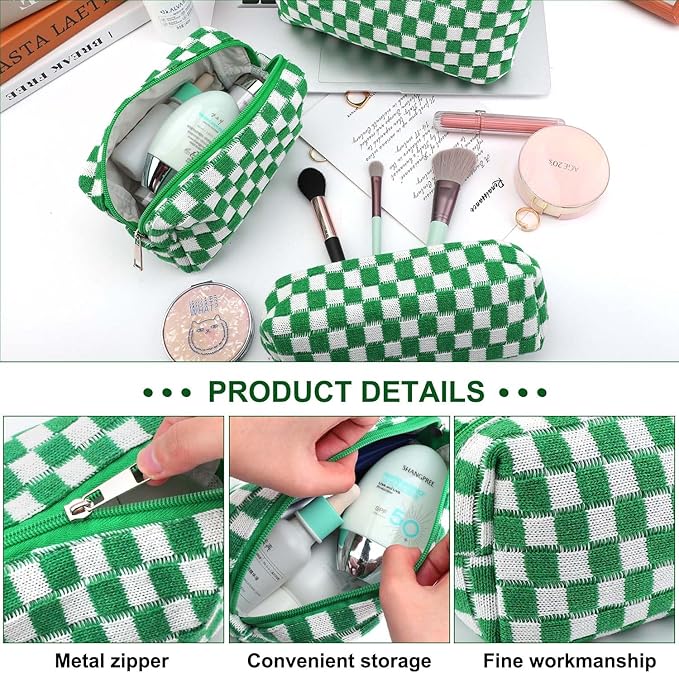 EIMMBD Makeup Bag 3 Pieces Large Capacity Checkered Cosmetic Bags Travel Toiletry Bag Organizer Cute Makeup Pouch Storage for Women (Green)