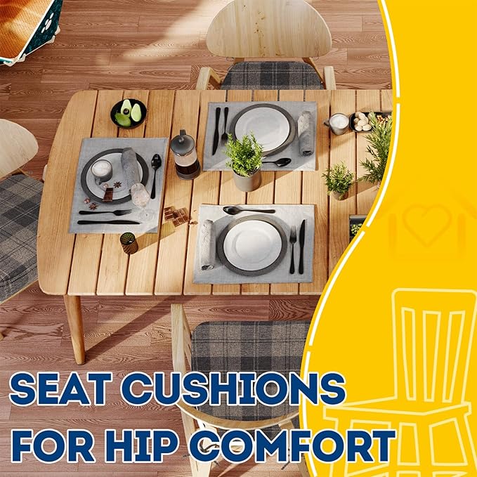 AAAAAcessories D-Shaped Chair Cushions, 2" Thick Dining Chair Pads with Ties and Removable, Machine-Washable Cover, 17" x 16", Set of 8, Brown Checkered