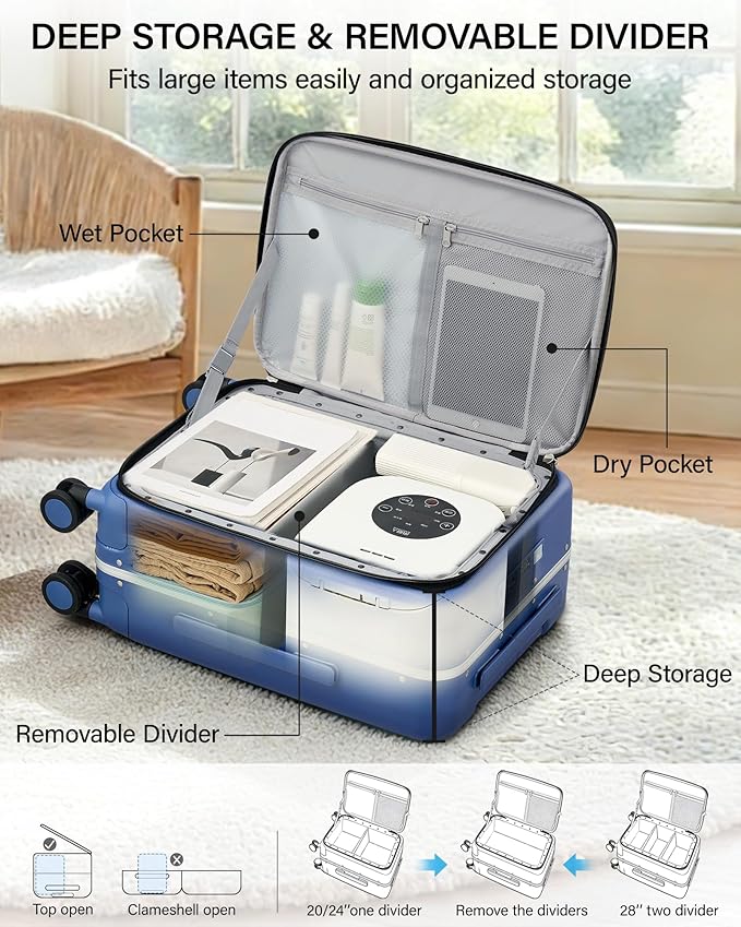 Hanke 20 Inch Top Opening Carry On Luggage, Hard Shell Suitcase with Cup Holder,USB Charging Port, Aluminum Frame with TSA Lock, 8 Spinner Wheels, Dry-Wet Separation & Removable Dividers