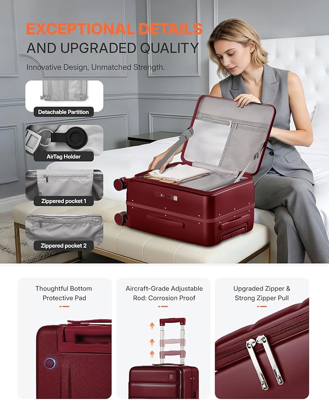 20IN Carry On Luggage,Top Opening Aluminum Frame Hardside 100% PC Airline Approved Suitcase -with TSA Lock,Cup Holder,USB Charge,Side Pothook, 360°Spinner Wheels-Wine Red