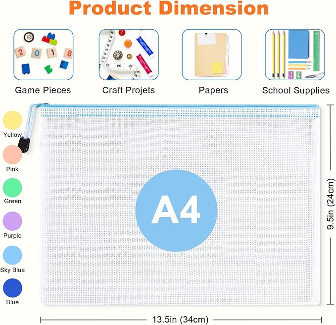 Mesh Zipper Pouch Bags: Clear Zipper Pouches for Classroom, Plastic Mesh Bag Letter Size Document Pouch, A4 Waterproof Organizing Pouch for School and Office Supplies (13.5 x 9.5Inch, 12PCS, 6 Color)