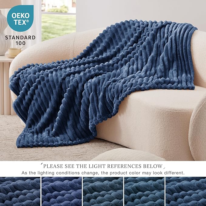 EXQ Home Fleece Blanket Twin Size for Couch or Bed - 3D Stripe Jacquard Decorative Blankets - Cozy Soft Lightweight Fuzzy Flannel Blanket Suitable for All Seasons(60"×80",Dark Blue)