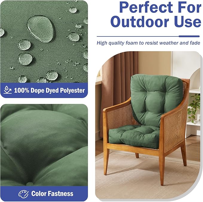 Outdoor Chair Cushions Set of 2, Patio Chair Cushions with Ties, 19x19+5” Tufted Outdoor Seat Cushions, Waterproof Patio Furniture Cushions, Outdoor Dining Chair Pads, Forest Green