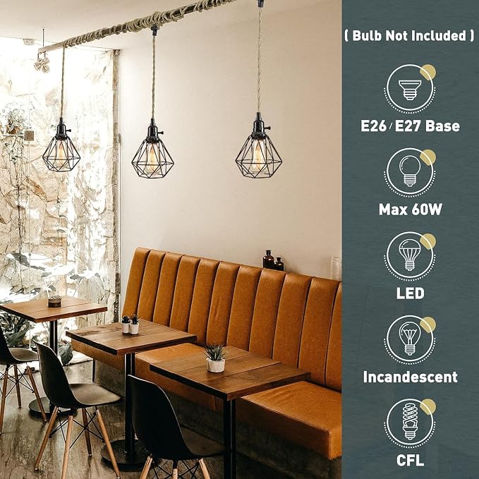 3-Light Hanging Light with Plug in Cord,Plug in Pendant Light 22ft Hemp Rope Pendant Lighting Vintage 3-Light Hanging Lamp Fixtures for Kitchen Island Living Room Bedroom