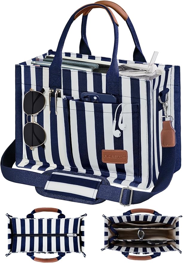 FIORETTO Canvas Tote Bag for Women with Zipper Closure & Individual Compartments for Work College for Teacher & Nurse