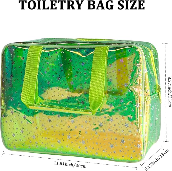 Holographic green Clear Star Large Cosmetic Bag and TPU Travel Pouch with Handle,Durable Material,Zipper Design-Ideal for Makeup,Travel Essentials (Holographic green+stars)