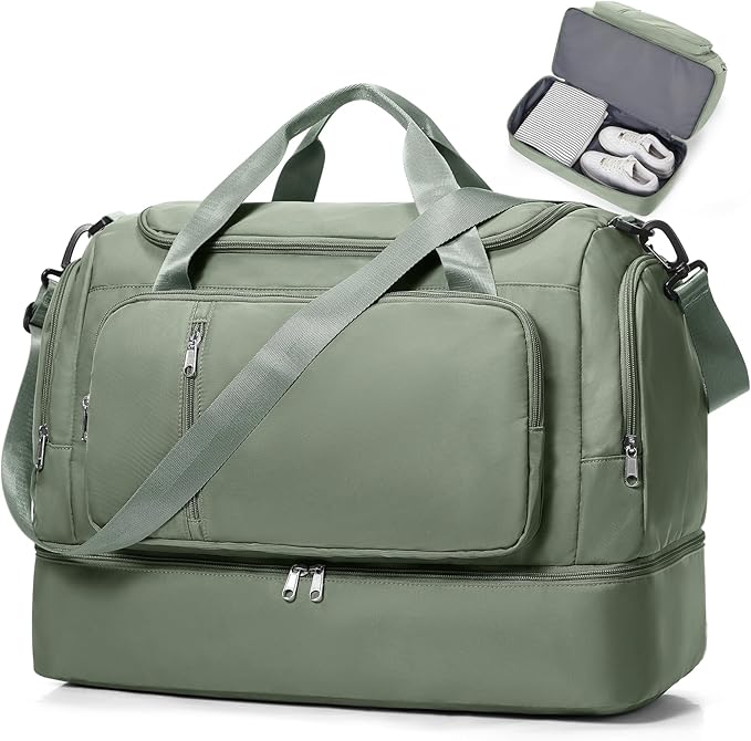 Travel Duffle Bag, Weekender Bags for Women,Carry On Overnight Personal Item Travel Bag with Shoes Compartment,Olive Green
