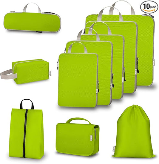 Compression Packing Cubes for Travel, Set of 10 Expandable Luggage Organizers with Shoe Bag, Lightweight Water-Resistant Suitcase Essentials for Carry-on & Checked Luggage, Green