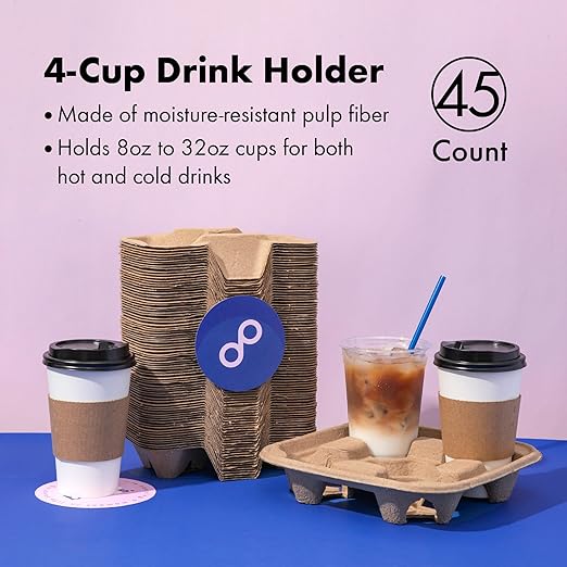 FMP Brands 4 Cup Disposable Drink Carrier Trays, 45 Pack Compostable Pulp Fiber Cup Holder for 8-32 oz Cup, Durable to Go Coffee Cup Holders for Delivery Service, Uber Eats