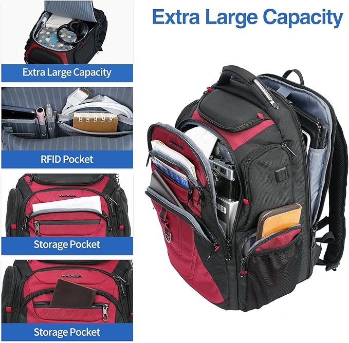 KROSER Friendly Travel Laptop Backpack 17.3 inch XXXL Gaming Backpack Water-Repellent College Daypack Business Backpack with RFID Pockets & USB Port for Men/Women-Black/Red
