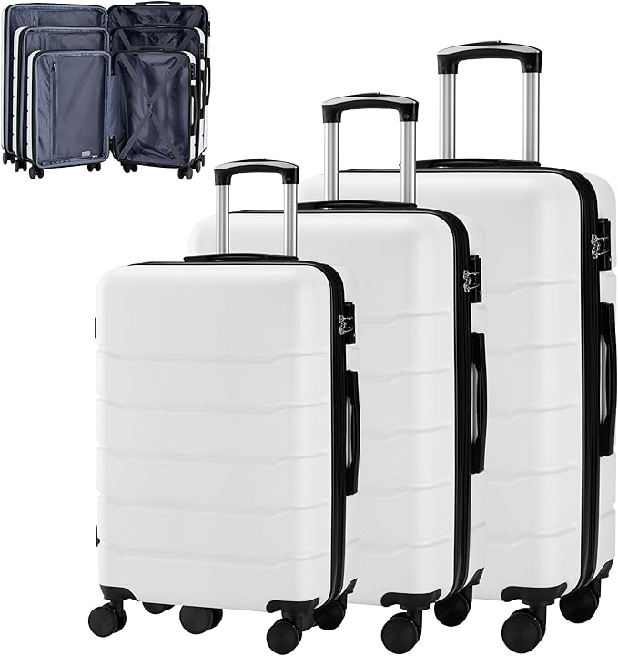Simple Deluxe 3-Piece Luggage Sets, Suitcase with Double Spinner Wheels & TSA Lock, Hard Shell Suitcase, Expandable Rolling Lightweight Luggage, White