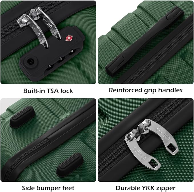 Coolife Luggage 3 Piece Set, Lightweight Durable Hardshell Suitcase set with 360° Spinner Wheels, TSA-approved Lock, Checked Family Travel Luggage sets, 20/24/28 Inch, Dark Green