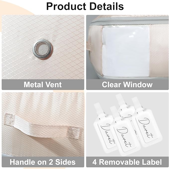 Comforter Storage Bag - Ultra Space Saving Self Compression Organizer 110L, Large Capacity Blanket Storage Bags, Washable Compression Bags for Storage 3 Pack, Beige