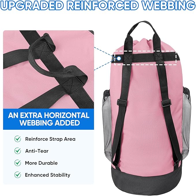 BALEINE 2PK 150L Laundry Bag Backpack, 900D Oxford Fabric Large Travel Laundry Bags with Shoulder Straps and 2 Mesh Pockets for College Dorm, Apartment, Laundromat (Pink, 150L)