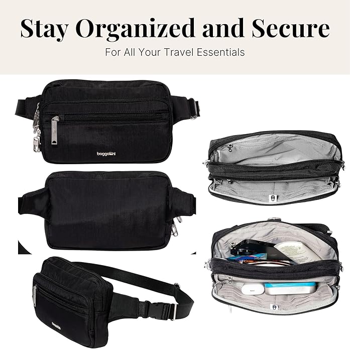 Baggallini Securtex Anti-theft Belt Bag 8.8"x5.5" Crossbody Fanny Pack for Women RFID Wallet Locking Zipper Travel Purse
