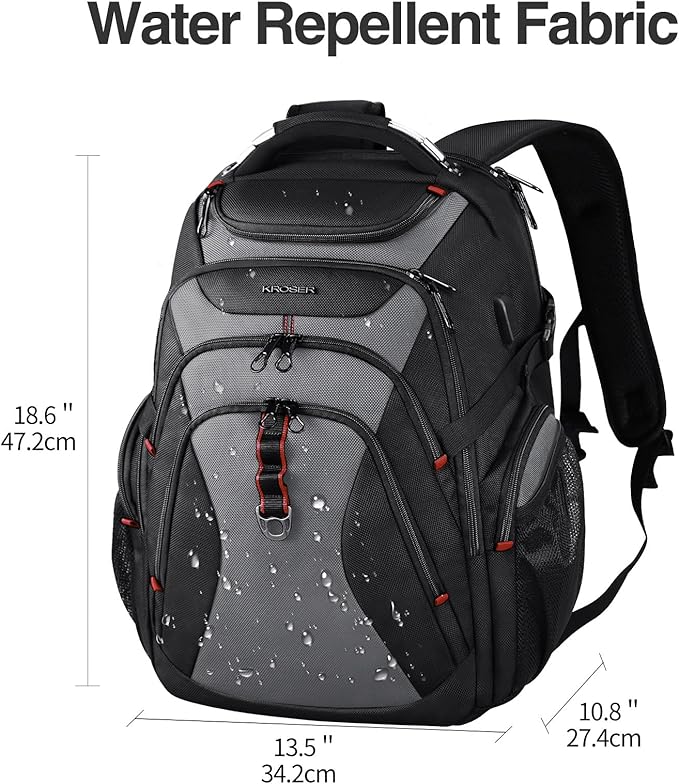 KROSER Travel Laptop Backpack 17.3 Inch XL Computer Backpack with Hard Shell Saferoom RFID Pockets Water-Repellent Business College Daypack Stylish Bag for Men/Women-Black Grey