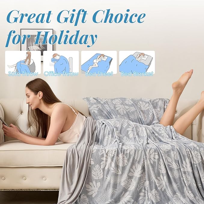OIGAE Cooling Blanket for Hot Sleepers - Soft & Lightweight Summer Cold Blanket for Night Sweats | Perfect for Bed, Couch, Sofa (Gray, Queen 90" x 90", Tropical)