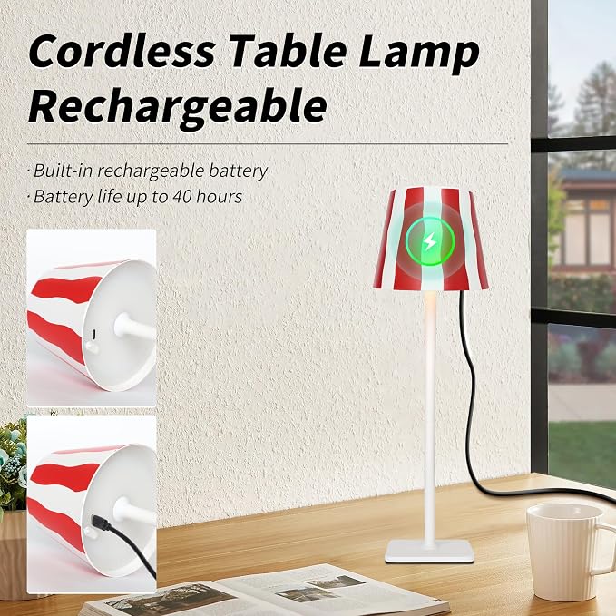 Mr. White Outdoor Waterproof Cordless Wireless Rechargeable Portable Top Touch Battery Operated Powered LED Table Lamp Desk Lamp Lights for Restaurant Kitchen Patio Dinner Dining (Red)
