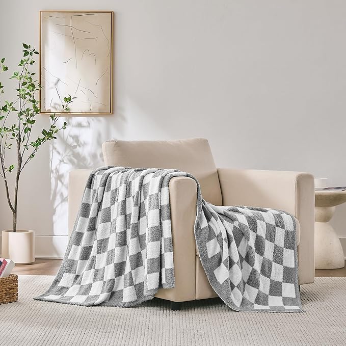 Checkered Throw Blanket, Light Grey Soft Cozy Fluffy Knitted Throw Blankets for Couch, Sofa, Bed, Chair, Warm Fuzzy Travel Picnic Lightweight Plaid Blanket, 60x80 inches
