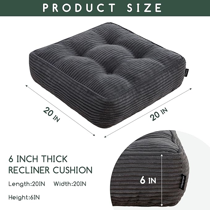 HIGOGOGO Tufted Corduroy Recliner Seat Cushion for Elderly, 20x20x6 Inch Extra Large Square Seat Cushion for Recliner Chair, Floor Pillow, Office Chair, Car, No Pressure on Thighs, Dark Grey