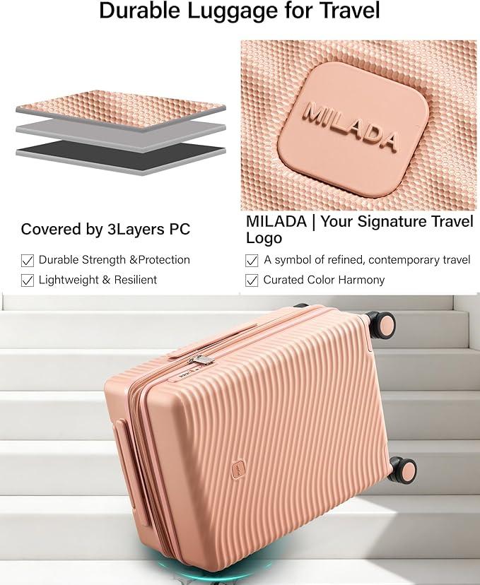 MILADA Expandable Carry On Luggage 20 Inch - Airline Approved Hardshell Suitcase with 8 Spinner Wheels, TSA Lock, Water-Resistant PC Shell, Lightweight & Durable for Travel, Pink