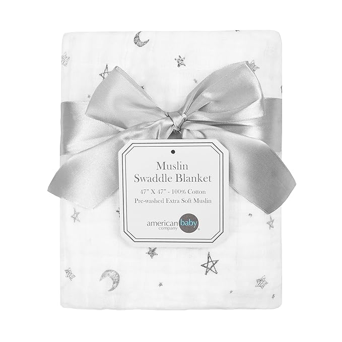 American Baby Company 100% Cotton Muslin Swaddle Blanket (47" x 47"), Soft, Breathable & Lightweight, Gray Stars/Moon, for Boys and Girls, Perfect for Swaddling, Travel and Gifting