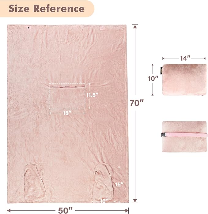 Tirrinia Travel Portable Blanket with Feet Pocket Airplane Office Poncho 4 in 1 Zippered Front Pocket Premium Cozy Fleece Blankets with Built-in Bag